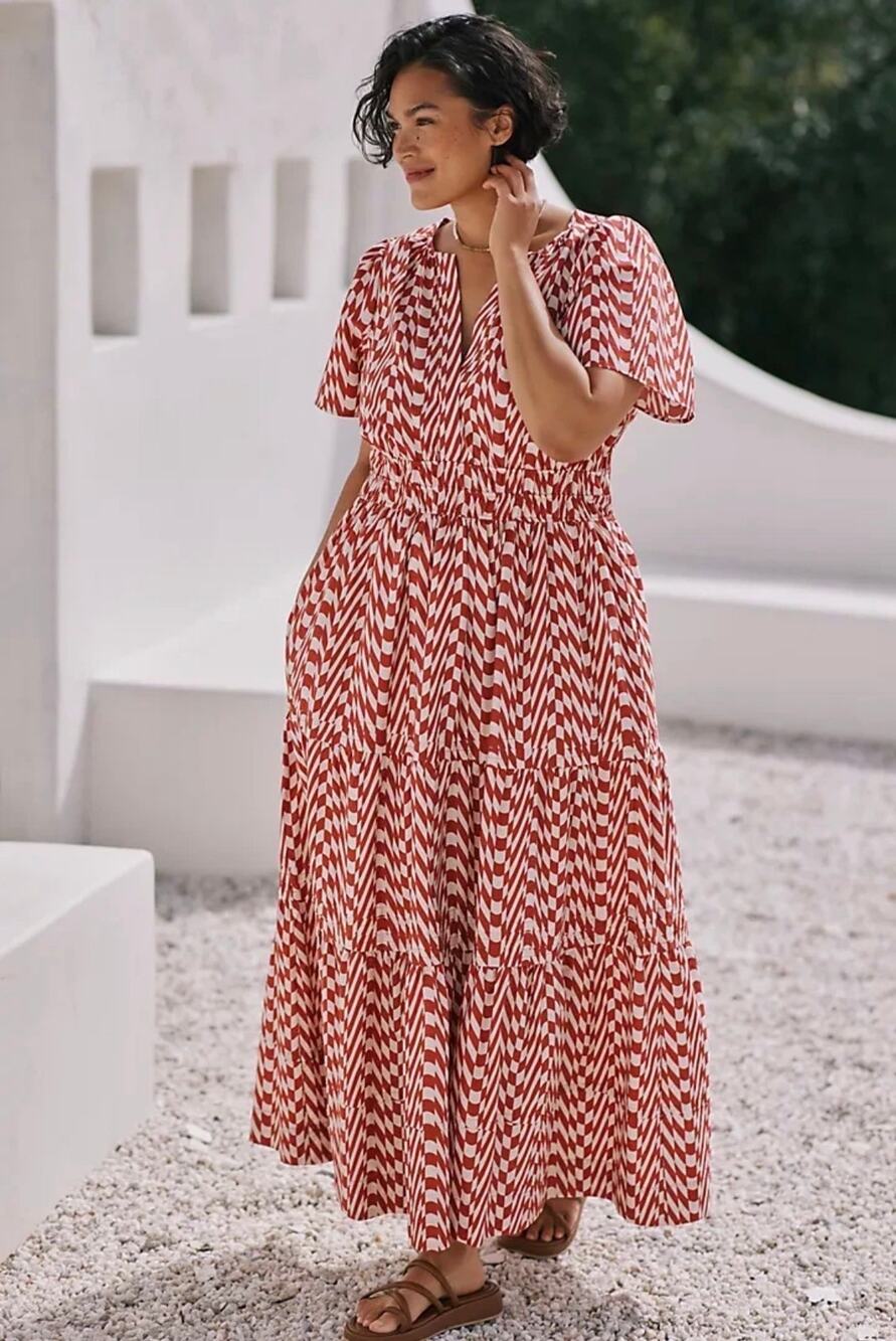 Anthropologie Womens 3X Somerset Rose Burnt Red Geometric Check Maxi Dress
